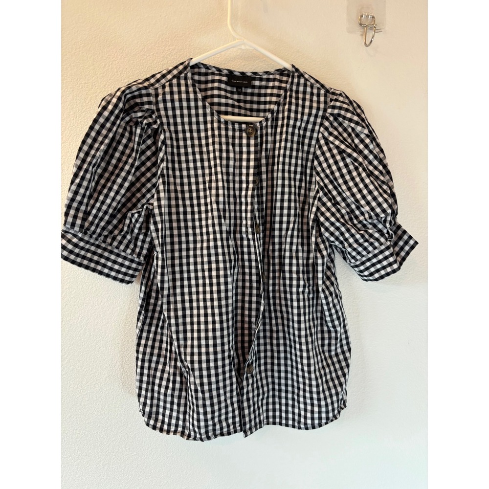 Who‎ What Wear Gingham Puff Sleeve Button Front Blouse Black White Medium